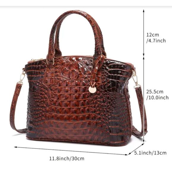 Crocodile Pattern 3D Faux Patent Leather Top Handle Satchel Bag with Crossbody S - Picture 4 of 5